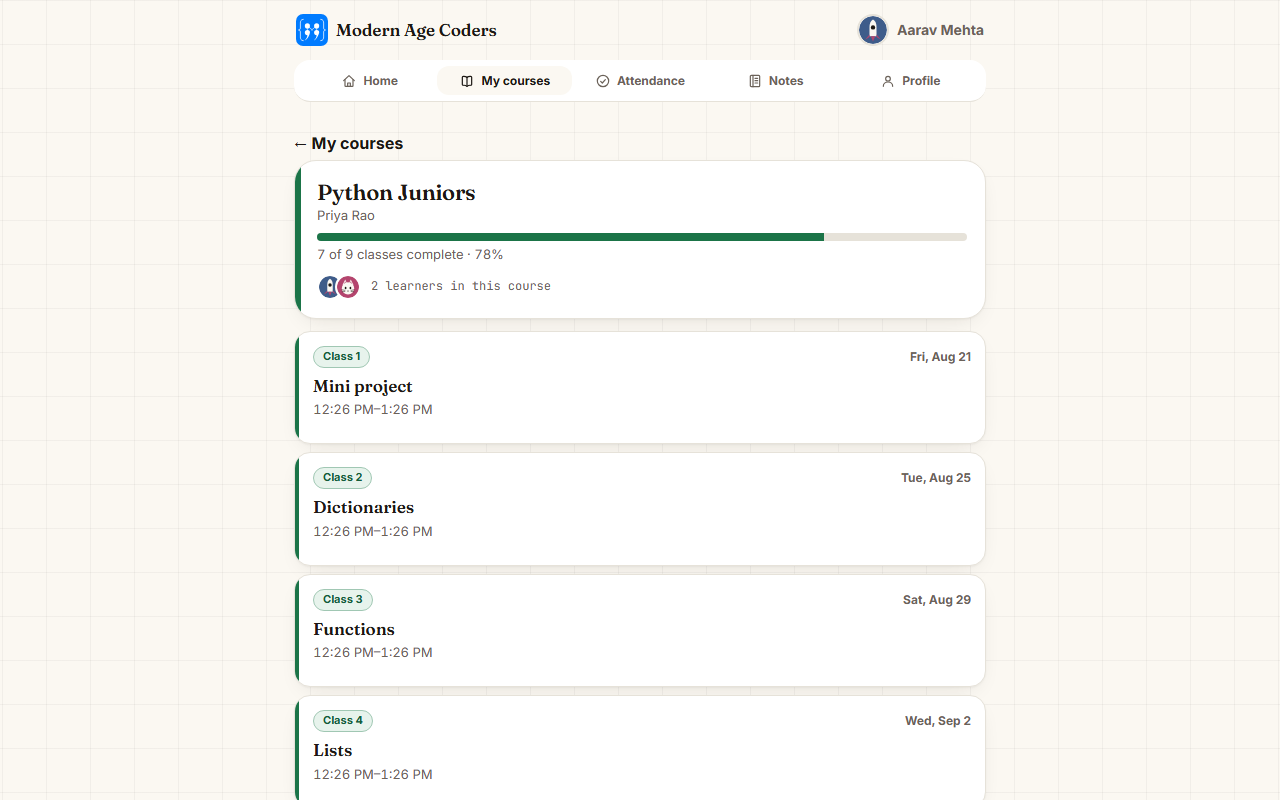 A course page with class list, recordings, and the classmates strip