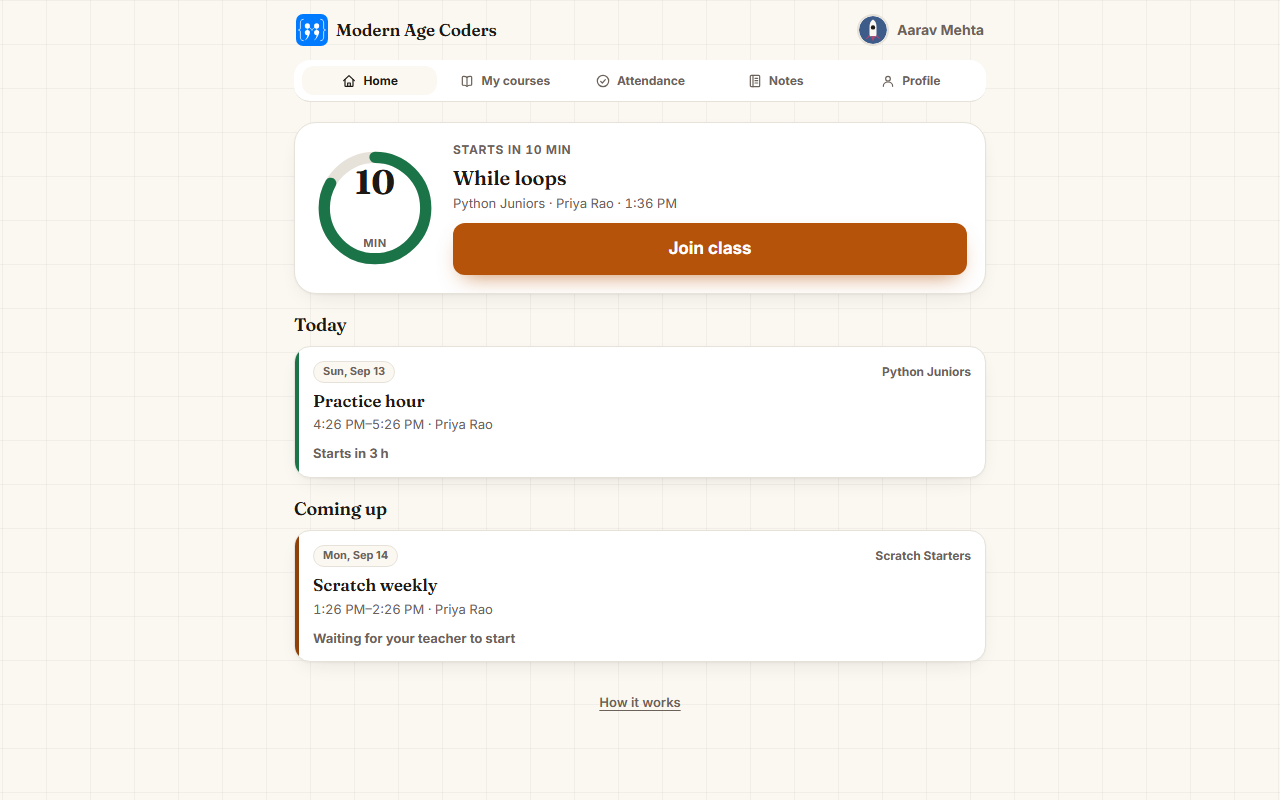 The student home screen with a countdown ring, a big amber Join class button, and Today and Coming up lists