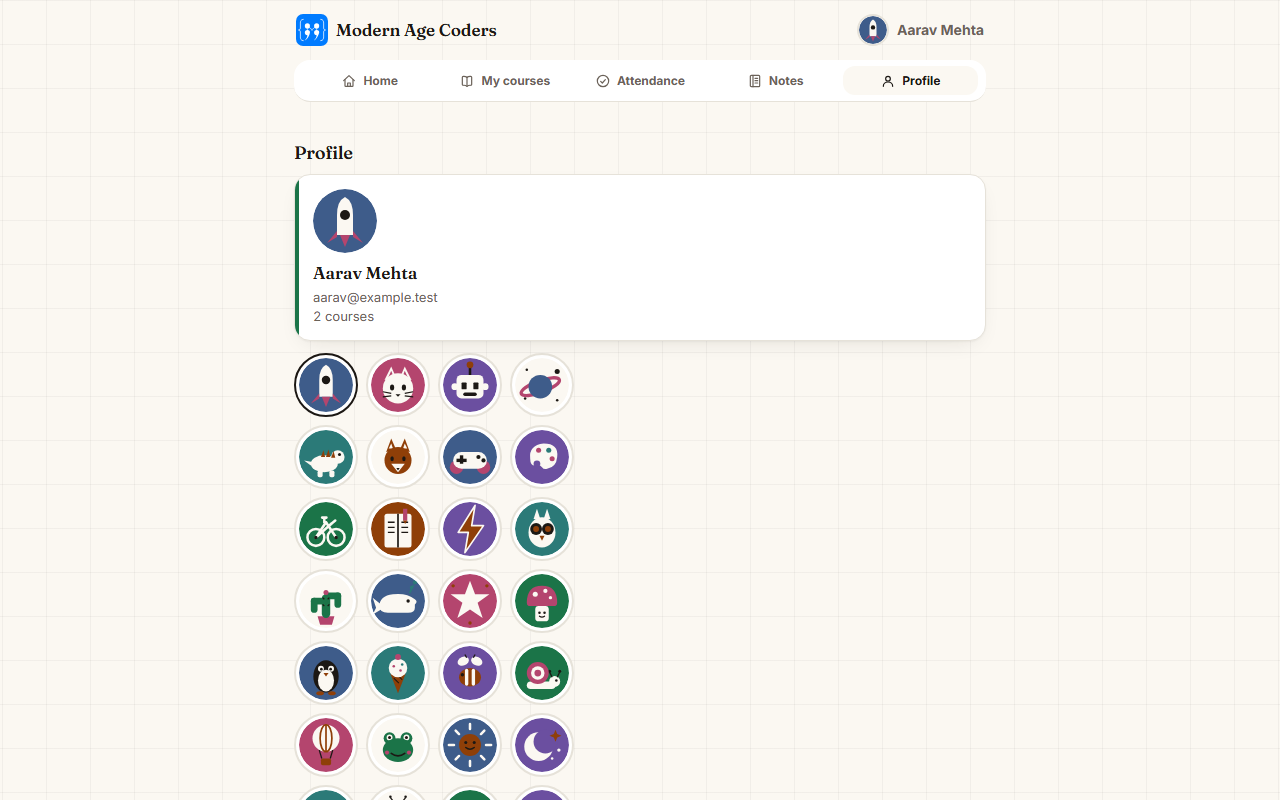 The profile screen with a grid of 36 avatar choices