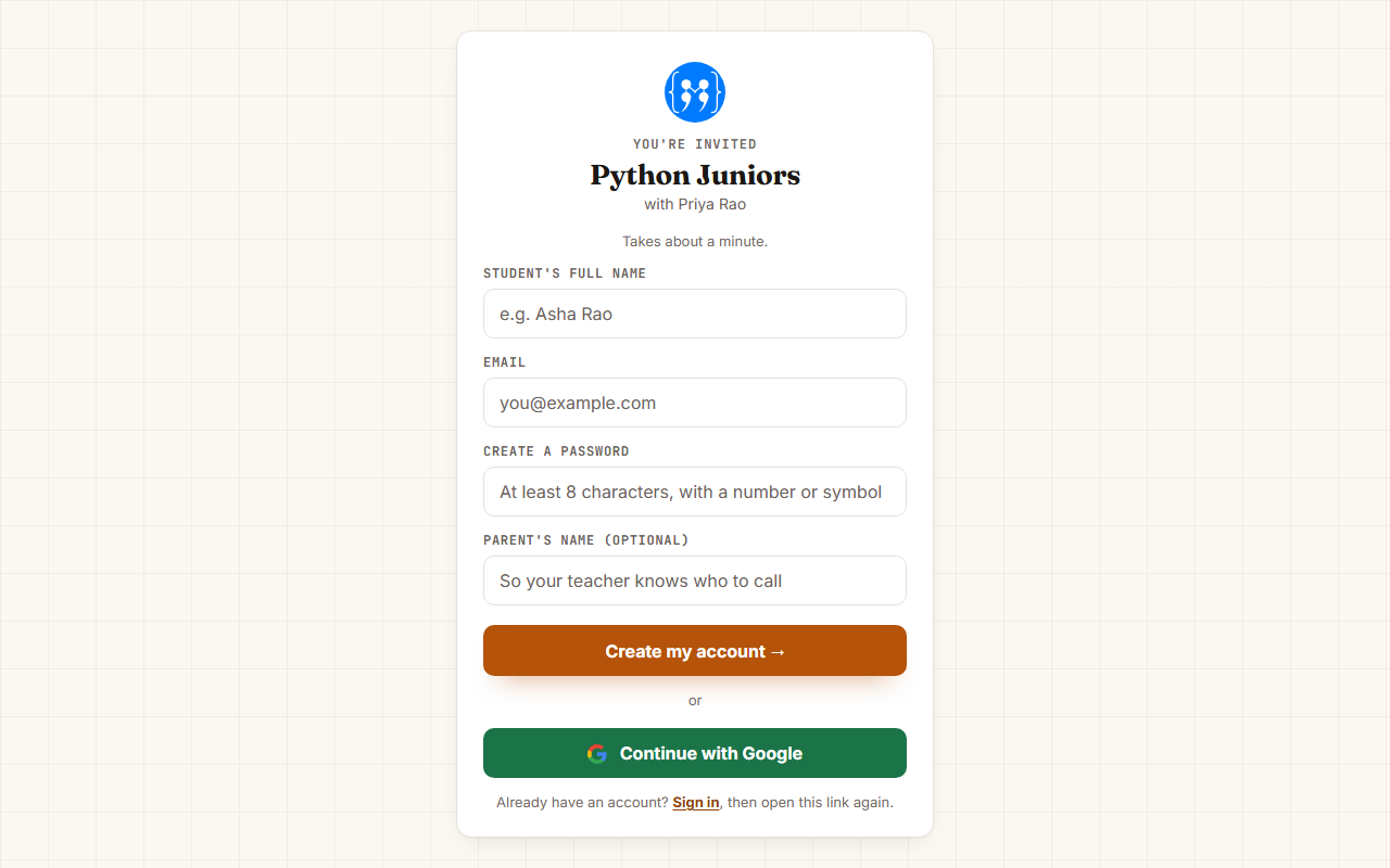 The invite card showing the course name, name, email and password fields, and a Continue with Google button
